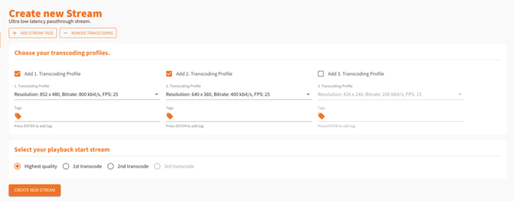 Create Stream: Add Transcoding